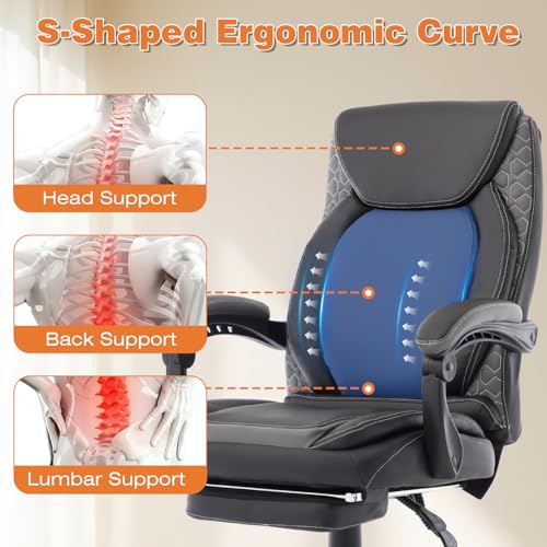 Image of Reclining Ergonomic Office Chair with Footrest, Big Tall Recliner Office Desk Chairs with Lumbar Support, 400lbs Heavy Duty High Back Leather Executive Computer Chair with Wheels, Back Grey