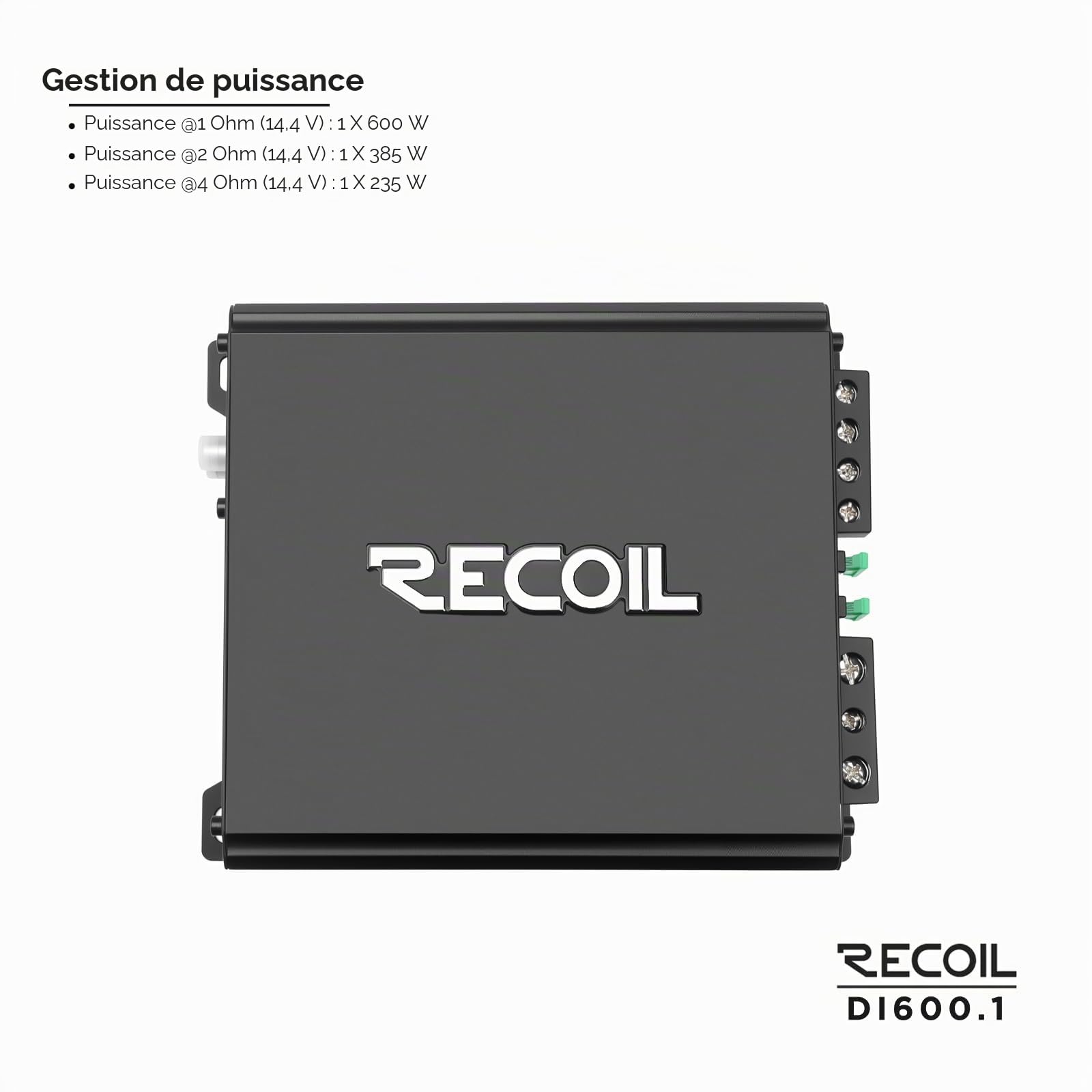 RECOIL DI600.1 Ampli Mono Classe D 1200W Subwoofer Voiture | 600W RMS @1Ω, 385W RMS @2Ω, 1Ω Stable, MOSFET, Télécommande Graves