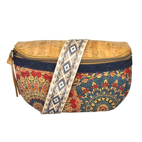 DeCarbonize Sac à bandoulière pour femme en liège en forme de demi-lune - Sac banane végétalien avec bandoulière amovible à motifs colorés - Large...