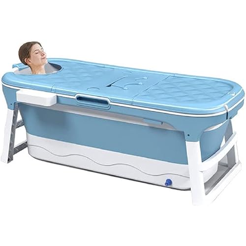W WEYLAN TEC 55 inch Luxury Extra Large Foldable Bath Tub Bathtub for Toddler Children Twins Adult with Lid Handle Drain Hose Blue