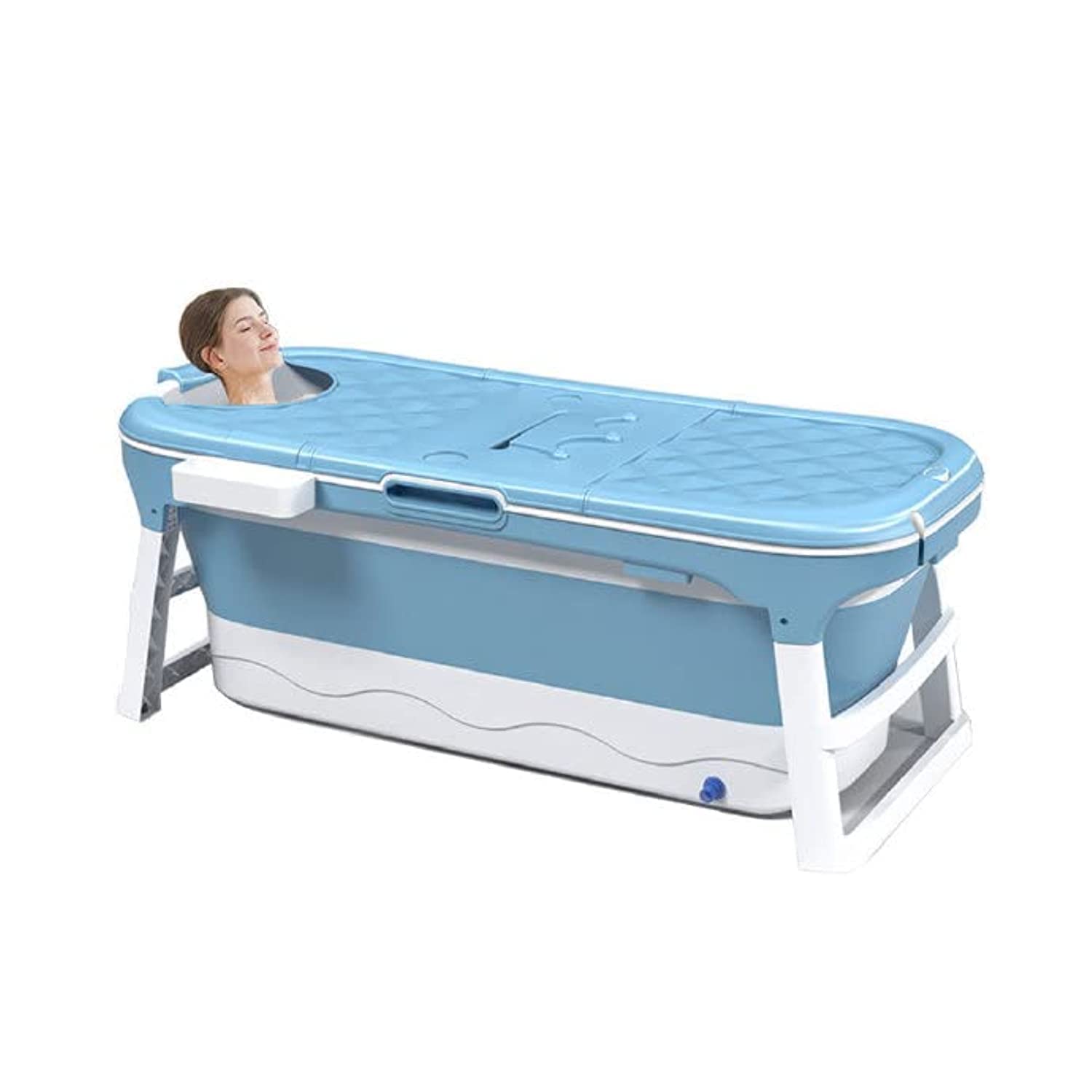 W WEYLAN TEC 54 inch Luxury Extra Large Foldable Bath Tub Bathtub for Toddler Children Twins Adult with Lid Handle Drain Hose Blue
