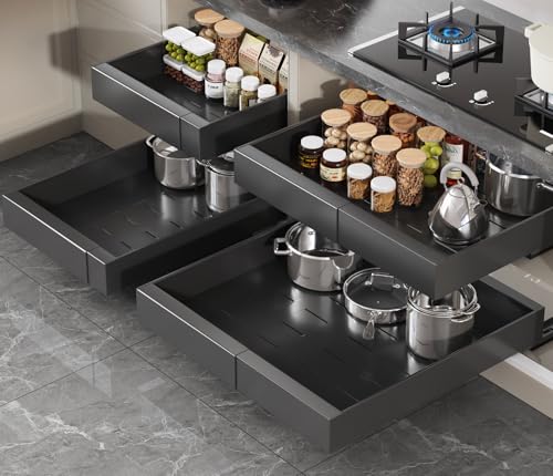 Seinloes 4 Pack Pull Out Cabinet Organizer 21" Deep,Full Extension 3 Slide Rails Slide Out Drawers With Raising Pad for Framed Cabinets,Expandable Width (12.3"-20.5"),No Drill Roll Out Shelves,Black by Seinloes - Used condition - US$119.95