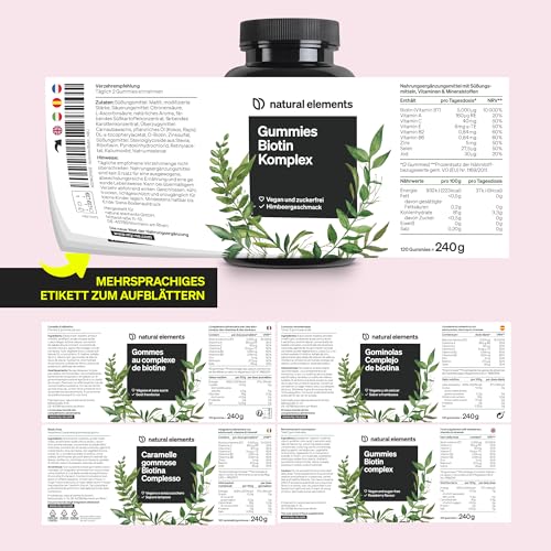 natural elements Biotin Haar Gummies - 120 vegane, zuckerfreie Gummibärchen mit 5000 µg Biotin pro Tagesdosis - mit Himbeergeschmack - in Deutschland produziert & laborgeprüft
