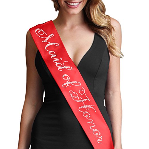 Red Maid of Honor Sash Bachelorette Party - Crystal Flirty Maid of Honor Bridal Party Premium Satin Sash - Bridal Shower Supplies & Decorations - Red