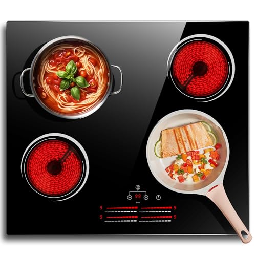 Nefaracy - Placa de cerámica de 4 zonas, placa eléctrica integrada con control deslizante, 60 cm, 6000 W, temporizador de 99 minutos y bloqueo de seguridad, advertencia de calor residual, 220 V (sin