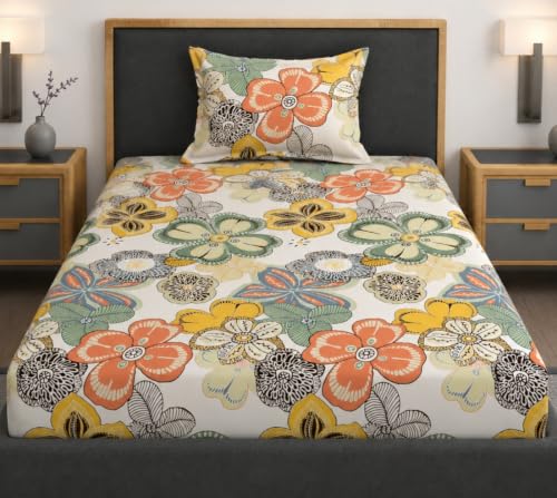 Image of Vaini Premium Heavy Cotton Elastic Fitted Bedsheets with 1 King Size Pillow Covers || Single Bed with All Around Elastic 350 TC || 36 x 78 x 6 Inch Single Size Fitted || :- Cream Big Flower