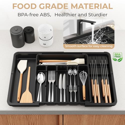 Image of Euqunn Cutlery Drawer Organiser, Expandable Large Utensil Holder with 2 Removable Knife Blocks, 6-9 Slots Adjustable Cutlery Tray for Kitchen Drawer, Compact Plastic Storage for Forks Knives(Black)