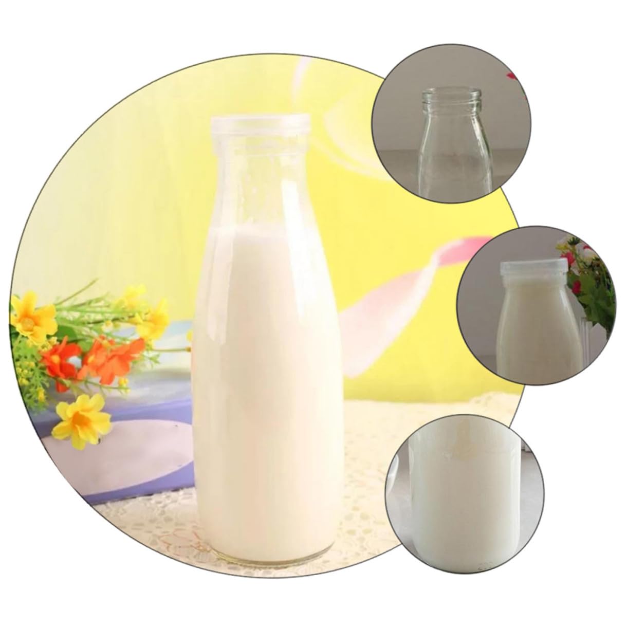 DECHOUS 4pezzi Bottiglie Di Vetro Trasparenti Per Latte Yogurt e Succhi Con Coperchio Realizzate in Vetro Resistente Di Riutilizzabili e Facili Da Pulire