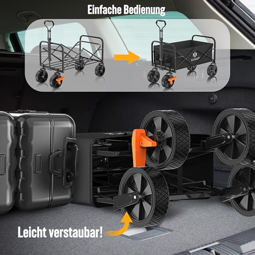 KESSER® Bollerwagen faltbar Handwagen Transportkarre max. 150kg Tragkraft & 360° PVC-Reifen Gerätewagen inkl. 2 Netztaschen, Seitentasche & Abdeckung Transportwagen Gartenanhänger ohne Dach, Schwarz