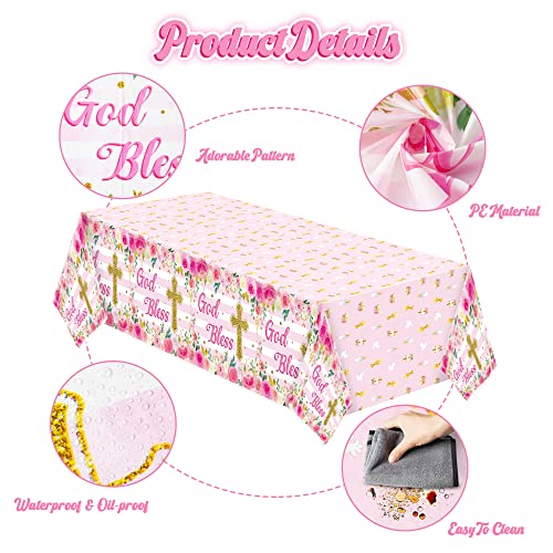 Image of Baby Girl Baptism Tablecloths - 3-Packs Pink Newborn Baby Girl Baptism Party Tablecovers Decor Flower Disposable Plastic Waterproof Rectangle Tablecloths God Bless First Communion Table Cover