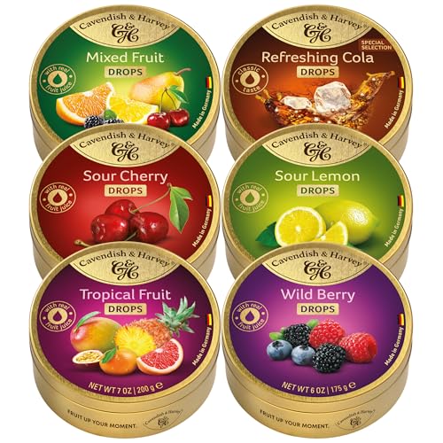 Cavendish & Harvey Hard Candy Drops Set 6 Flavours 175-200g Tins Tropical Fruit Sour Cherry Cola Sour Lemon Wild Berry Mixed Fruit