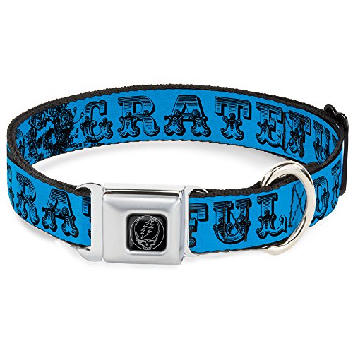 Dog Collar Seatbelt Buckle Grateful Dead Text Skull Roses Turquoise 15 to 26 Inches - Large1.0 Inch Wide, Multicolor