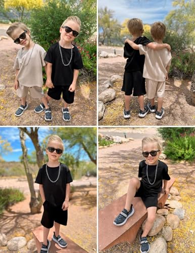 Image of Arshiner Boys Drop Shoulder T-Shirt & Drawstring Waist Shorts Summer Casual Outfits (5-12 Years)
