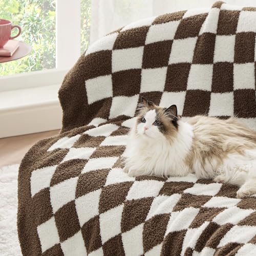 Bedsure GentleSoft Checkered Throw Blanket for Couch - Super Soft Cozy & Warm Knit Brown Blanket, Breathable, Lightweight & Fluffy Plaid Blankets for Bed,Sofa, Gifts for Women Men, 50x60 Inches