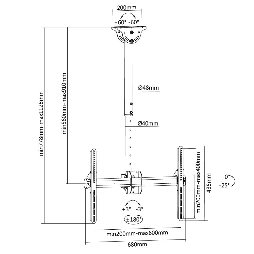 HALTERUNGSPROFI DHS6001 - Supporto da soffitto inclinabile, girevole a 360°, per 40, 42, 46, 47, 50, 55, 60, 63, 65, 70 pollici, TV VESA fino a 600 x 400, ideale per LCD LED TV 4K UHD