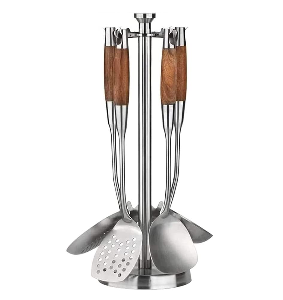 Set di Utensili da Cucina in Acciaio Inox 304 con Supporto, 6 Pezzi di Utensili da Cucina con Manico in Legno, Set di Utensili da Cucina antiaderenti, Utensili da cu