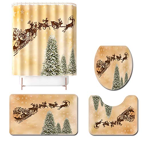 Claean-Acces-Home Toilettendeckelbezug Vier Sätze Von Weihnachten Elemente Druck Toilettenboden Schnee Weihnachtsbaum Wasserdicht Badvorhang-Sdyl176+Sds176_Abbildung
