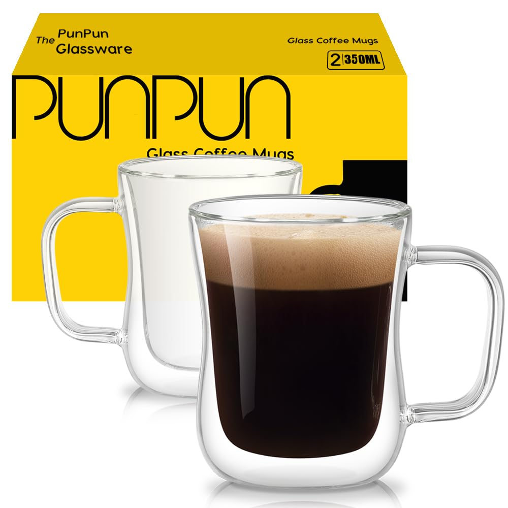 PunPun Coffee 12oz.350ml Glass Mugs Espresso Cups Coffee Glass Cups Champagne Glass Clear Drinking Cups, Tea Cups Wine Glass, Microwave Safe Borosilicate Glass Cup (12 OZ./Set of 2)