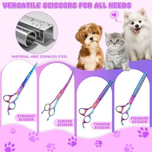 Image of Moontay Professional 7.0 inch Pet Grooming Scissors Set, 4-Pieces 440C Japanese Steel Straight & Curved & Thinning & Chunker Shears /Scissors with 1 Grooming Comb for Dog Cat and More Pets, Multicolour
