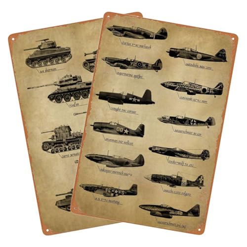 Bugana WWII Fighter Planes and WWII Tanks Vintage Metal Sign, Retro Tin Sign Military Posters for Man Cave Bar Garage Pubs Hotel Wall Art Decor Gift 8 x 12 Inch