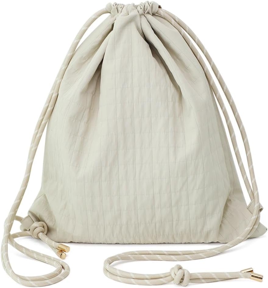 Beige Plaid Drawstring Backpack - Lightweight Cinch Sackpack for Women, Boho Original Design, Perfect for Gym, Travel, Beach & Outdoor Sports