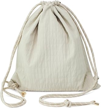 Beige Plaid Drawstring Backpack - Lightweight Cinch Sackpack for Women, Boho Original Design, Perfect for Gym, Travel, Beach & Outdoor Sports