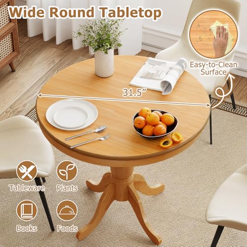 Image of Giantex Round Dining Table for 2-4 People, 32 inch D X 30 inch H Wooden Kitchen Table with Spacious Tabletop, Pedestal Base, Leisure End Tables for Bar, Kitchen, Dining Room, Restaurant, Natural