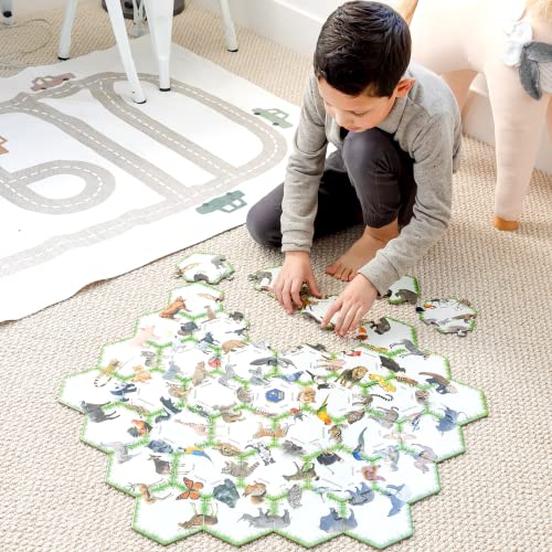 Educational Matching Double-Sided Floor Puzzles With Real Life Pictures And Words For Kids Ages 3-5 4-8, Unique Hexagonal Shapes, Preschool Learning Activities - Land & Water Animals (37 Pcs, 26"X29") #TOP5