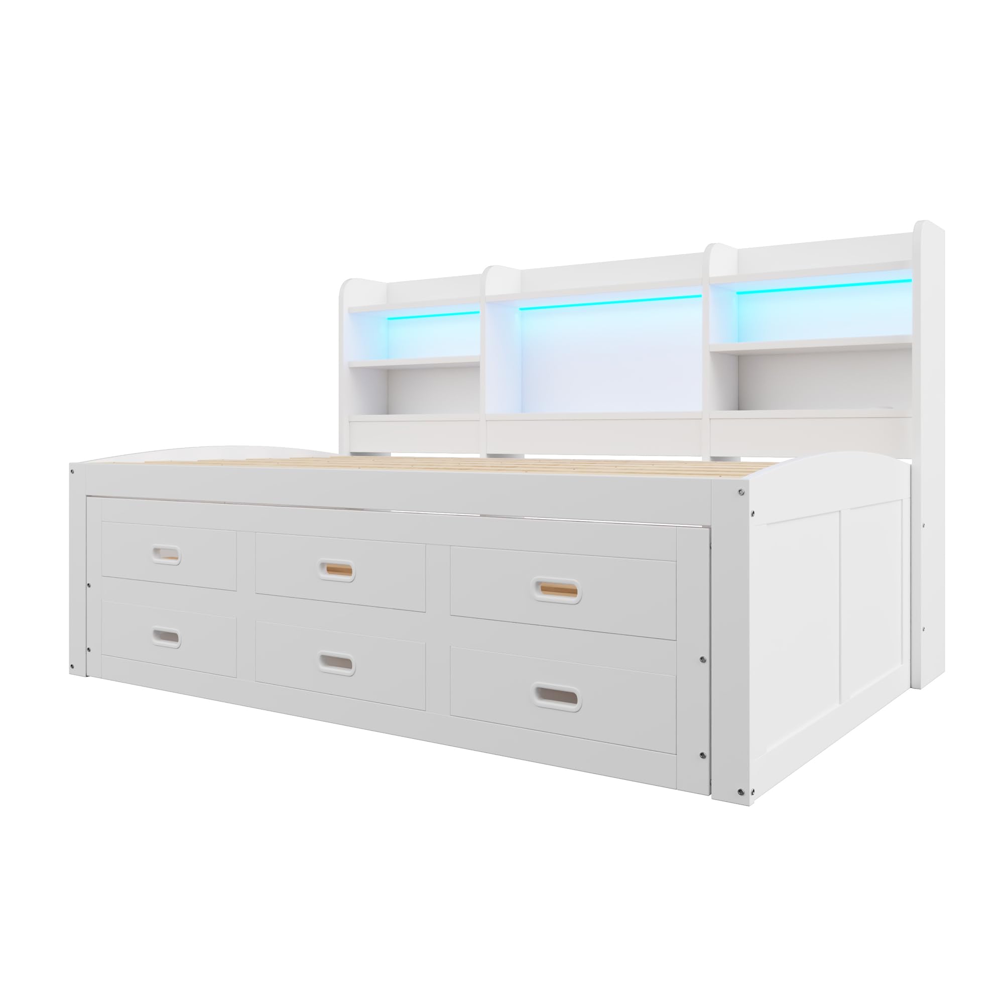 Sofá cama, cama de día, diurna, mando a distancia LED, 3 cajones, mesita de noche, cama extensible multifuncional con USB+Type-c, sin colchón, blanco (90 x 200 cm)