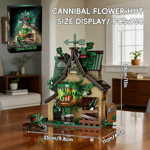 Image of Halloween Haunted House Building Set Man-Eating Flower Farm Architecture Model Kit for Adults Spooky Cottage with Giant Carnivorous Plants Warning Signs Gothic Horror Home Decor Gift 958 PCS
