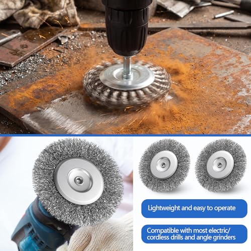 Image of Moxweyeni 20 Pcs 4 Inch Stainless Steel Wire Wheel Brushes for Drill Bits | with 1 /4 Inch Hex Shank and 0.0118 inch Carbon Steel Wire, Fits Power Operated Grinders Rust Removal, Clean Paint and Corrosion