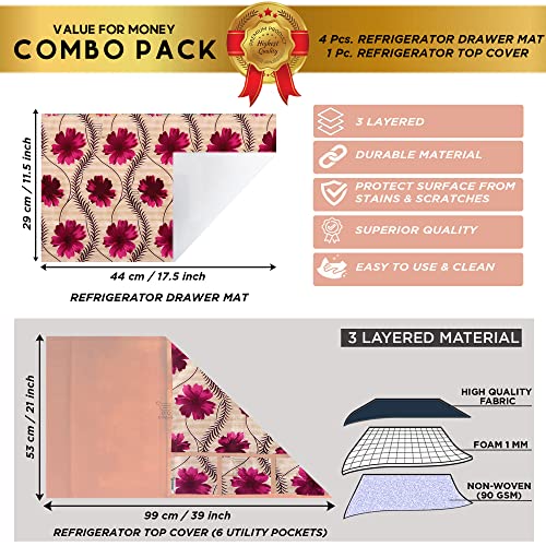Image of Combo Set of 1 Pc Fridge Top Cover With 6 Utility Pockets and 4 Pc Fridge Mats (Golden, Set of 5)
