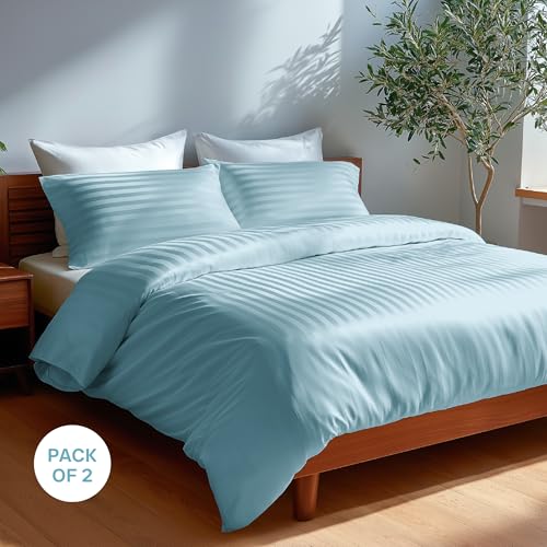 Image of Blue Dahlia 100% Cotton, Standard Size Pillow Covers (18 inch x 28 inch), Set of 2 Pillow Covers, Silky Smooth Feel, 300TC Self Striped Premium Pillow Covers,Colour: Pale Blue