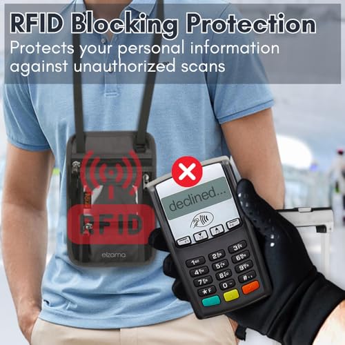 elzama Travel Neck Wallet, Neck Passport Holder, RFID Blocking Passport Wallet Super Slim & Lightweight Travel Pouch Holder for Men & Women (Light Grey)3