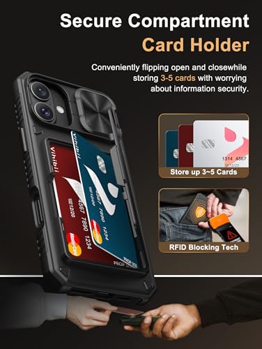 Image of Vihibii for iPhone 16 Plus Case Wallet with Card Holder (4 Cards) [RFID Blocking] & Slide Camera Cover, Military Grade Drop Protection, Rugged Hard Back & Silicone Edge Phone Case, 6.7 inch 2024, Black