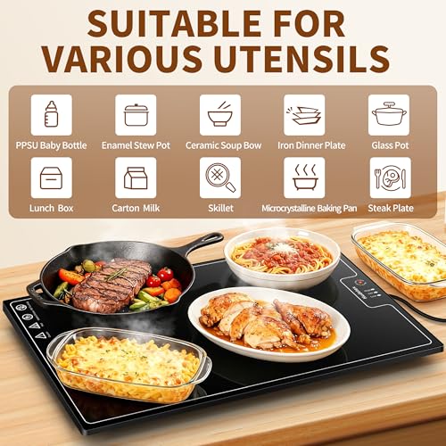 Image of Warming Mat for Food (L 22 inchx14 inch), Warming Trays for Buffets Party & Daily Use, Temperature Control Food Warmer, Full Surface Warm Tempered Glass Food Warming Mat, Black Electric Warming Tray