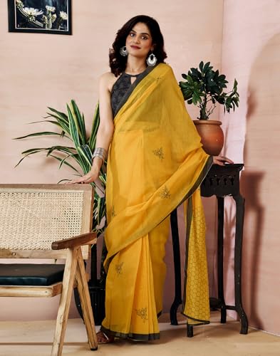 Image of SIRIL Women's Printed Chanderi Cotton One Minute Ready to Wear Saree with Unstitched Blouse Piece