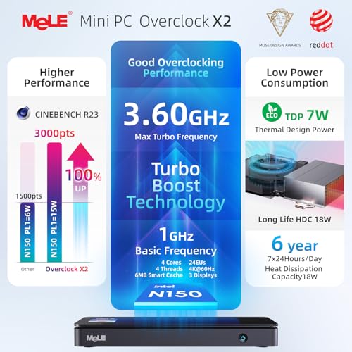 Image of MeLE Mini PC with Win-11-Pro,Micro Desktop Computer Overclock 4C N150 8GB RAM DDR4 256GB SSD, 4K Triple Display, USB-C, USB3.2 /WiFi /BT /Ethernet on Business Home Office Linux Portable PC not Fanless