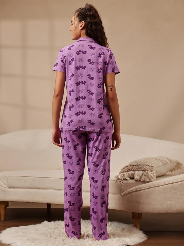 Image of Clovia Women's Cotton Printed Button Down Shirt & Pyjama Night Suit Set