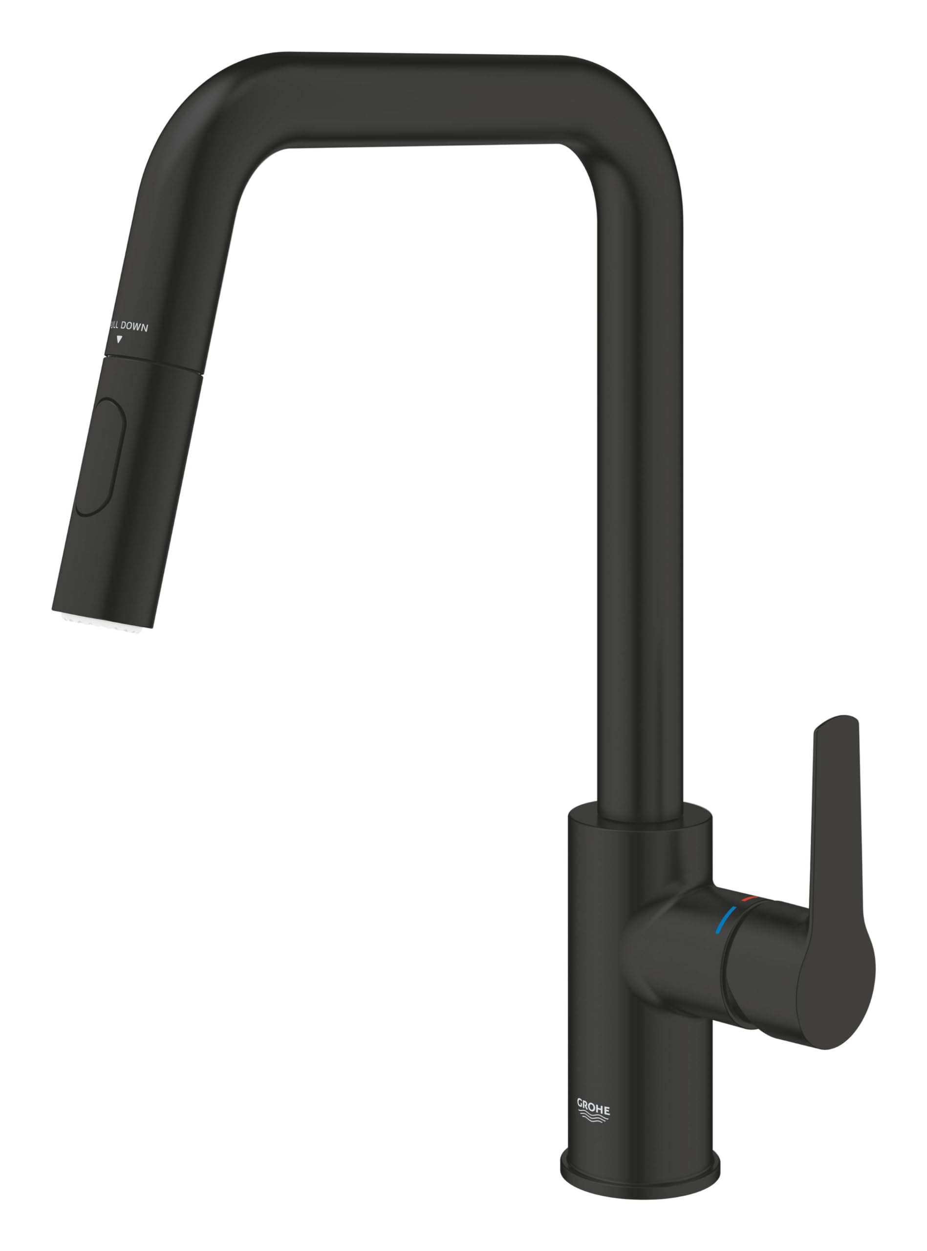 GROHE Start QuickFix – wyciągana bateria kuchenna z podwójnym natryskiem (wysoka wylewka U, obszar obrotu 360°, wkład ceramiczny 28 mm, ogony 3/8 cala), łatwy montaż dzięki GROHE QuickMount, czarny