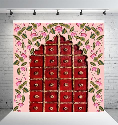 DHARA CREATION Door Entrance Design Printed (8FT-8FT) Backdrop Cloth for Pooja Decoration Traditional Background Curtain Cloth for Festival. (Washable Fabric)