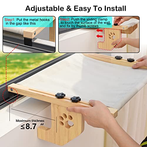 Cat Window Perch with 2 Covers Sturdy Solid Wood Cat Window Hommock for Large Cats Indoor Easy to Adjust Cat Window Bed Seat Shelf for Windowsill Bedside Cabinet and Drawer (Canvas+Plush)