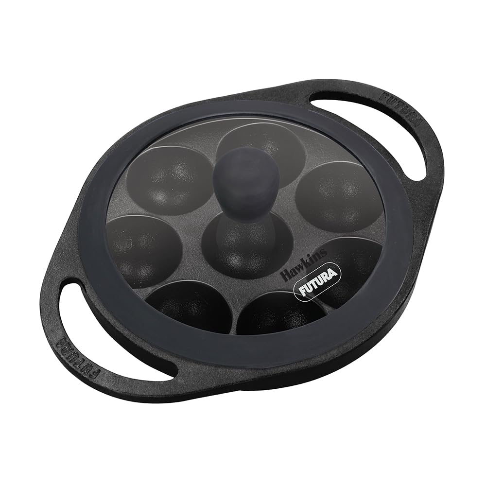 Hawkins Futura 16 cm Cast Iron Appe Pan, Non Stick Paniyaram Pan with Glass Lid, 8 Cups Paniyarakkal Pan, Litti Pan, Kuzhi Paniyaram Pan, Ponganalu Pan, Black (CIAP16G)-picture-12