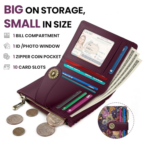 Image of Small Wallet for Women, RFID Blocking Bifold Card Holder Wallet with 10 Card Slots, Cash Compartment, Zipper Coin Pocket & ID Window, Cute Soft Vegan Leather Compact Wallet, Midnight Bloom