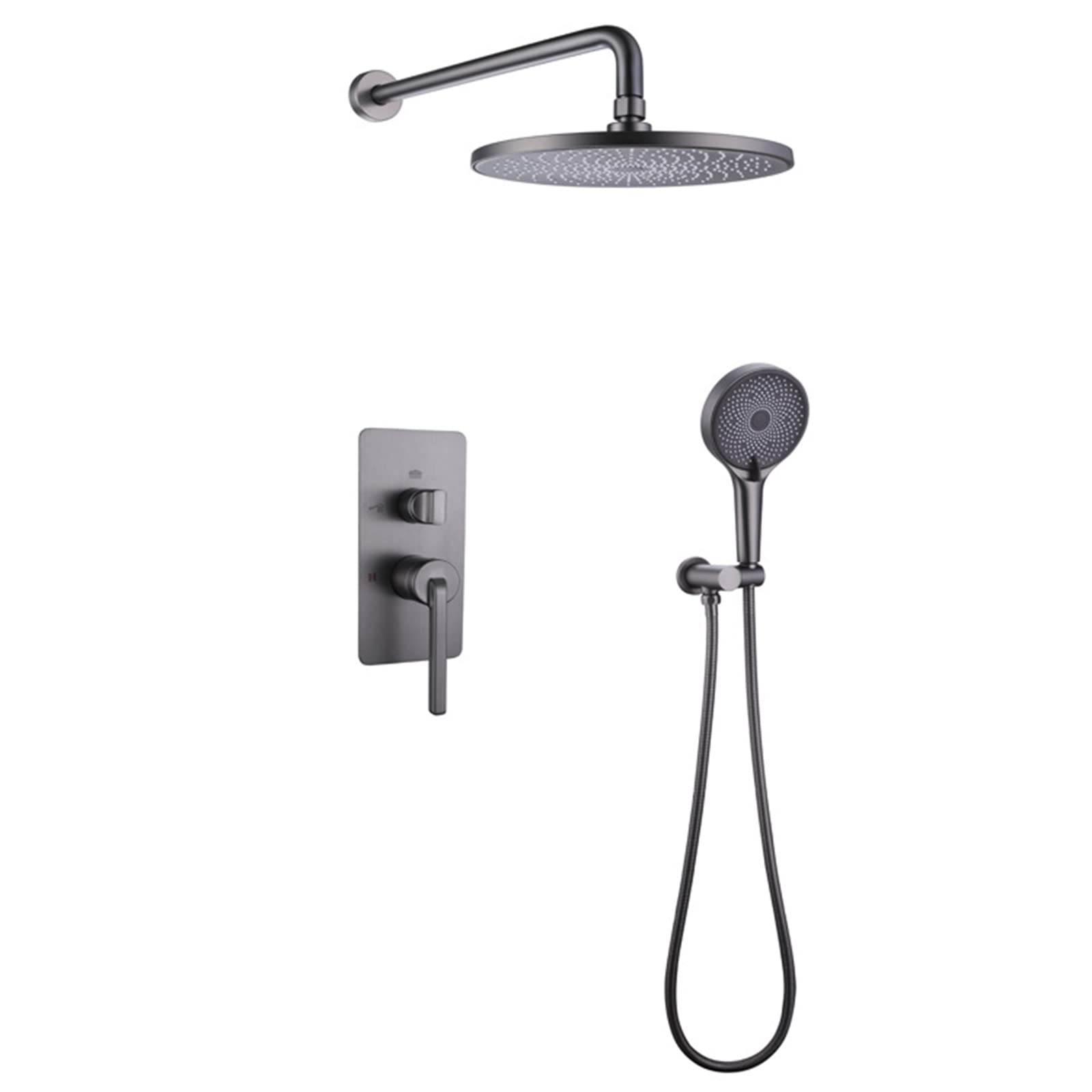 Mitigeur de douche encastré gris avec pommeau rond et pistolet mural