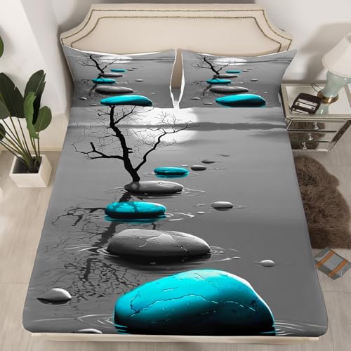 Feelyou Kids Zen Spa Fitted Sheet Zen Stone Bed Sheet Set Queen Size for Boys Girls Teens Bedroom Decor Tree Bedding Set Blue and Grey Bed Cover Deep Pocket(No Top Ssheet) with 2 Pillow Case