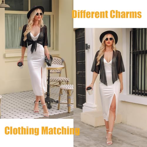 Image of SANNIDHI Shrugs for Women Stylish Summer Cropped Cardigan, Western Party Chiffon Front Tie Beach Wear Cover Up Fashion Black Shrug for Women Dress (Size L, Middle Sleeve)