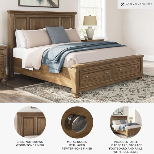Image of Signature Design by Ashley King Platform Bed with Storage, Brown | King size storage bed frame, Chestnut brown, 2 footboard drawers, No box spring required, Glarrison Series