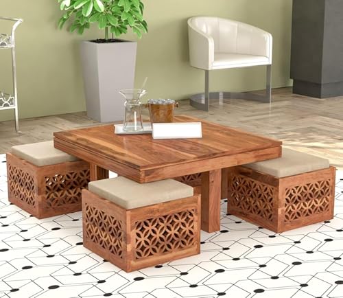 Image of Solid Sheesham Wood Center Coffee Table with 4 Stool for Living Room, Garden, Patio, Guest Room, Cafe | Wooden Coffee Table for Living Room (Natural Finish)