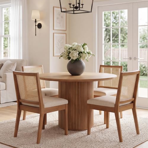 Image of HNY Farmhouse Rattan Dining Chairs Set of 4, Walnut Solid Hardwood Frame, Upholstered Linen Seat, Ergonomic Cane Back Dining Room Chairs for Kitchen, Dining Room, Apartment, Beige